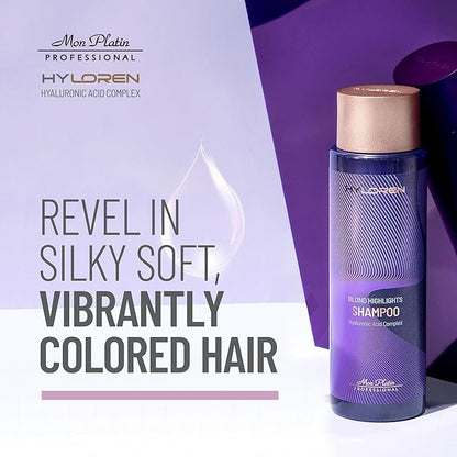 Mon Platin Professional HYLOREN Blond Hair Shampoo with Hyaluronic Acid for Blond & Highlighted Hair, Shampoo for Blond Hair, SLS/SLES Free, Moisturizing Shampoo, Purple Shampoo, 500ml