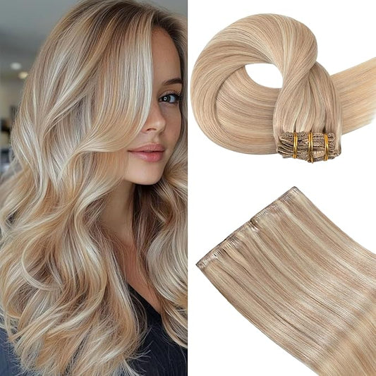 Hair Extensions Real Human Hair 12 Inches 75g Golden Blonde Highlights Hair Extensions Clip Ins Natural Silky Straight Blonde Extensions for Women Real Hair #16/22 7pcs