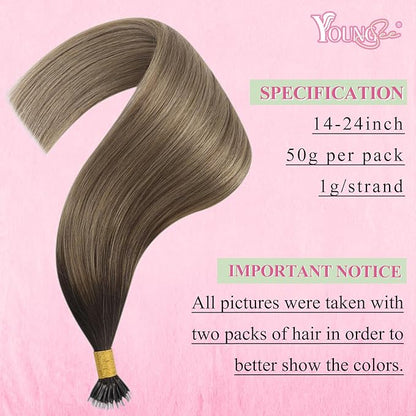 YoungSee Nano Tips Hair Extensions Brown Nano Beads Hair Extensions Real Human Hair Balayage Dark Brown with Blonde Hair Extensions Nano Rings Brown Nano Hair Extension Rings Cold Fusion 50s 50g 20in