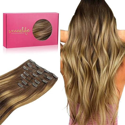 WENNALIFE Real Human Hair Extensions, 14 Inch 120g 7pcs Balayage Chocolate Brown to Caramel Blonde