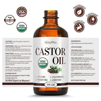 BodyJ4You Organic Castor Oil for Hair Growth: Natural Eyelashes Serum for Lashes and Eyebrows - Glass Bottle 1 Fl Oz