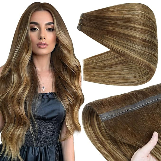 Full Shine Butterfly Weft Hair Extensions Invisible Pu Hole Weft Extensions Color Medium Brown To Honey Blonde Extensions Genius Weft 22 Inch Micro Beads Real Human Hair Add Length 100G