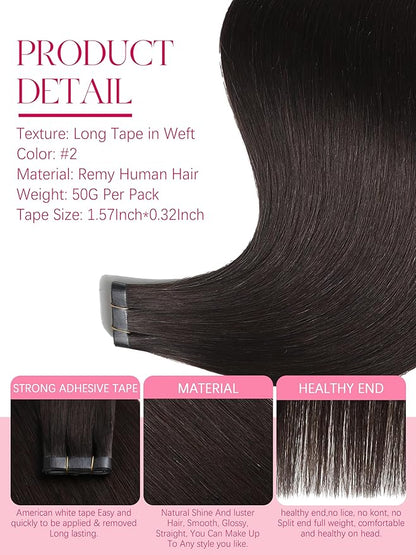Lacer 16 inch One Piece Tape in Hair Extensions Long Tape in Darkest Brown Human Tape ins Extensions Invisible Silky Straight Hair Extensions Real Human Hair 50G 31.5" (80cm)