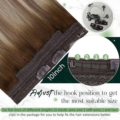 RUNATURE Invisible Wire Hair Extensions Real Human Hair, Hidden Fish Line Hair Extensions, Soft Remy Human Hairpieces, Add Volume 14 Inch 70g #3/8/22 Walnut Brown to Light Brown with Light Blonde