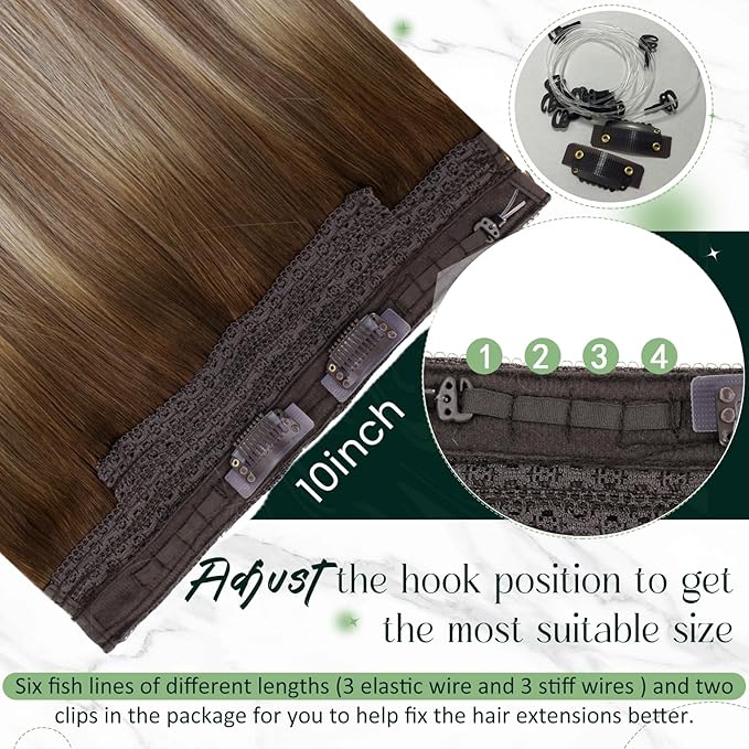 RUNATURE Invisible Wire Hair Extensions, 18 Inch Real Human Hair Wire Extensions, Fish Line Hair Extensions for Women, Remy Natural Hair, Add Hair Volume, 80g #3/8/22 Brown to Blonde