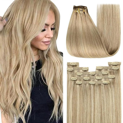 YoungSee Clip in Hair Extensions Human Hair Highlight Lace Clip in Extensions Real Human Hair Dark Ash Blonde Highlights Golden Blonde Remy Human Hair Extensions Clip ins Blonde 16Inch 7Pcs 120G
