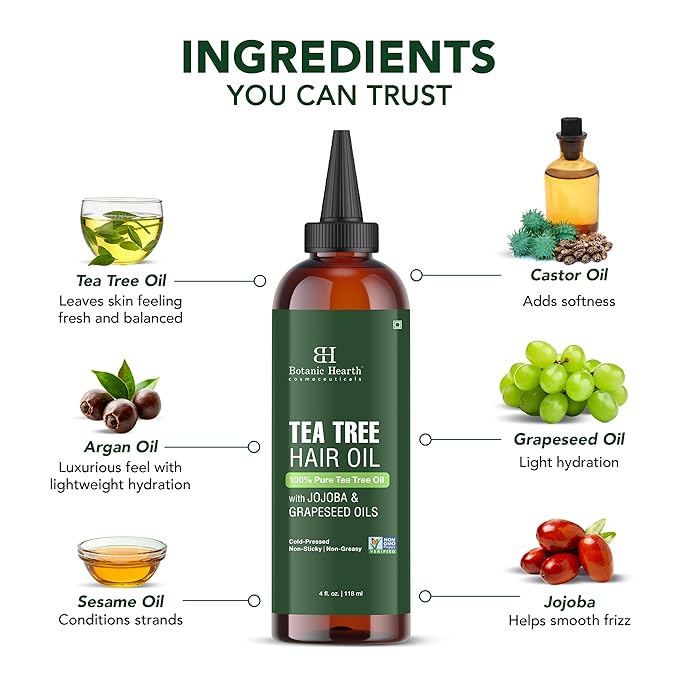 Botanic Hearth Tea Tree Oil For Hair (4 Fl Oz) | With Jojoba & Grapeseed Oils | Soothes Itchy Scalp & Fights Dandruff | Non Gmo Verified - Hair Tonic