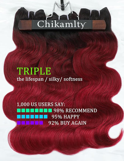 Ombre Bundles Human Hair, 13A Raw Indian Hair Bundles Body Wave, 28 Inch Colored 1B99J Burgundy Red Human Hair Bundles, Triple Service Life Keep Texture Silky Soft Tangle-Free