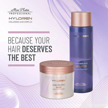 Mon Platin Professional HYLOREN Blond Hair Shampoo with Hyaluronic Acid for Blond & Highlighted Hair, Shampoo for Blond Hair, SLS/SLES Free, Moisturizing Shampoo, Purple Shampoo, 500ml