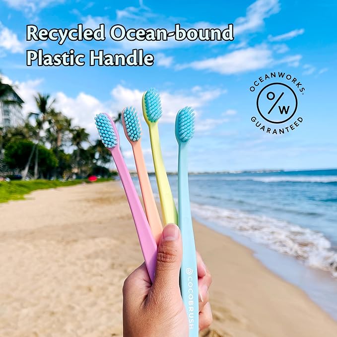 Cocofloss Cocobrush, Ultra-Soft Manual Toothbrush, Dentist-Designed, Gentle on Gums, Made from Recycled Plastic, Rainbow Set, Multipack of 4