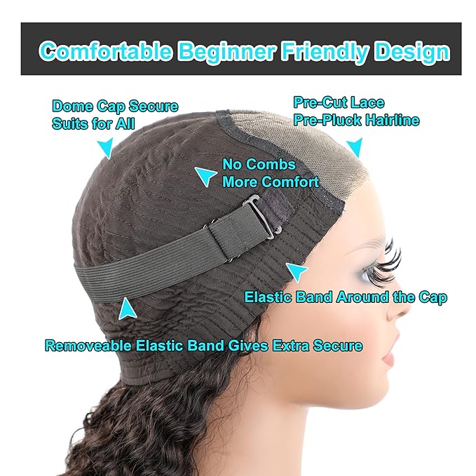 BLY Glueless Wear and Go Lace Front Wigs Human Hair for Women Deep Wave Curly Wig No Glue Ready to Wear 4x4 Lace Pre Cut Wig Pre Plucked with Baby Hair 180% Density Natural Hairline 16 Inch