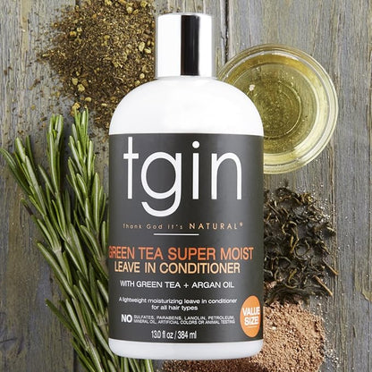 tgin Green Tea Super Moist Leave in Conditioner for Curly, Coily and Wavy Hair, with Argan Oil, Shea Butter and Green Tea, Moisturizes and Nourishes Dry Hair, 13 oz