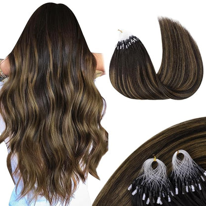 MAXITA Microlink Hair Extensions Human Hair Balayage Dark Brown Mixed Chestnut Brown Micro Bead Hair Extensions Virgin Human Hair, 50g/50 Strands/Pack, 18 In