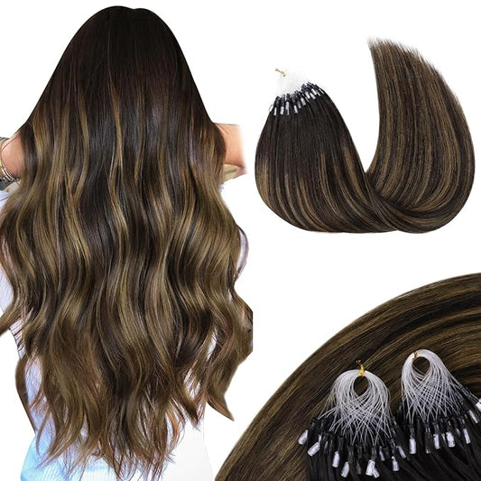 MAXITA Microlink Hair Extensions Human Hair Balayage Dark Brown Mixed Chestnut Brown Micro Bead Hair Extensions Virgin Human Hair, 50g/50 Strands/Pack, 18 In