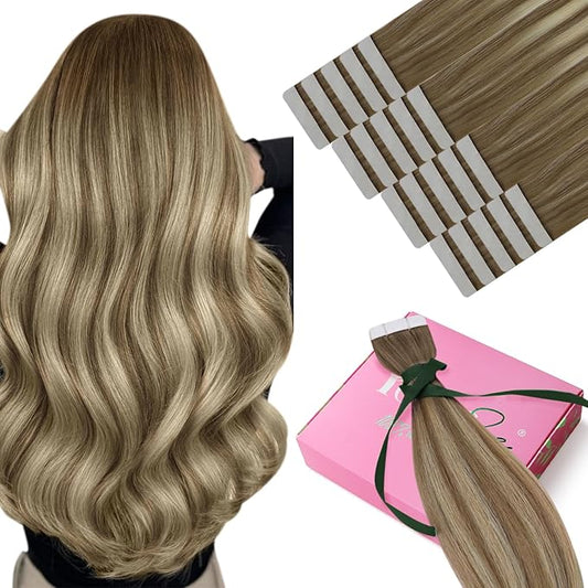 YoungSee Human Hair Tape in Extensions Balayage Tape in Hair Extensions Human Hair Light Brown Ombre Blonde Tape ins Hair Silky Straight 20 Inch Seamless Hair Extension Soft 20pcs 50g