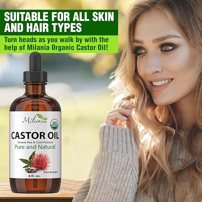 MILANIA Organic Castor Oil - Glass Bottle - Cold Pressed & Hexane-Free (4 fl. oz.)