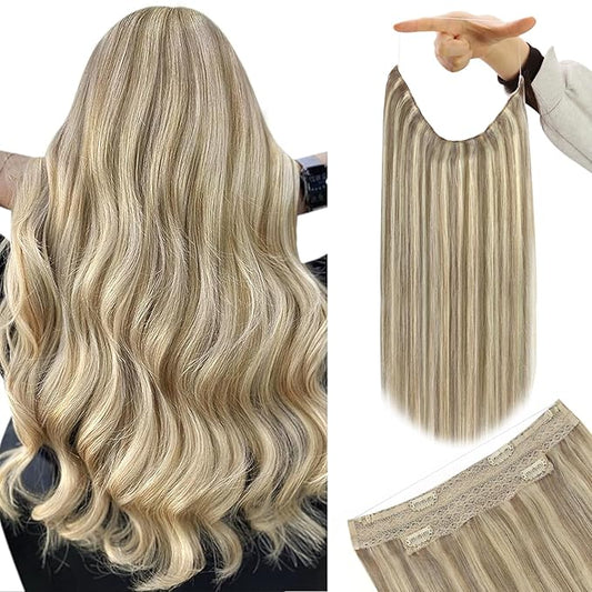YoungSee 120G 16Inch Wire Hair Extensions Highlight Wire Extensions Human Hair Light Brown Highlight Platinum Blonde Fish Line Human Hair Extensions Straight Human Hair Extensions for Thinning Hair