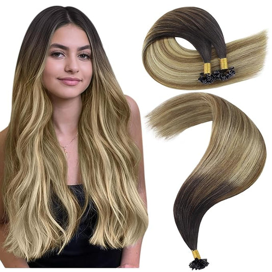YoungSee K Tip Hair Extensions Real Human Hair Balayage Ktip Extensions Ombre Dark Brown Roots to Blonde K Tips Human Hair Extensions for Long Hair 24Inch 50s/50g Pre Bonded Hair Extensions Add Length