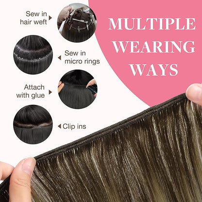 GOO GOO Sew in Hair Extensions Real Human Hair, Weft Hair Extensions Human Hair, 4/26/4 Balayage Chocolate Brown to Honey Blonde 22inch 110g, Weft Bundles Straight Silky Remy Hair