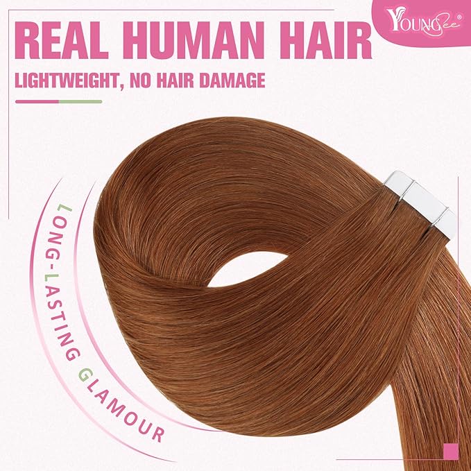 YoungSee Tape in Hair Extensions Copper Tape in Extensions Human Hair 14Inch Tape in Real Hair Extensions Copper Real Hair Extensions Tape in Short Hair Extensions for Women 20Pcs 50G
