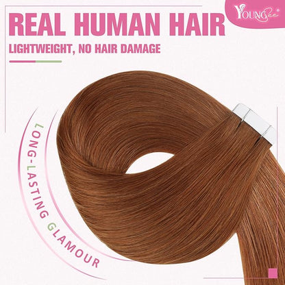 YoungSee Tape in Hair Extensions Copper Tape in Extensions Human Hair 14Inch Tape in Real Hair Extensions Copper Real Hair Extensions Tape in Short Hair Extensions for Women 20Pcs 50G