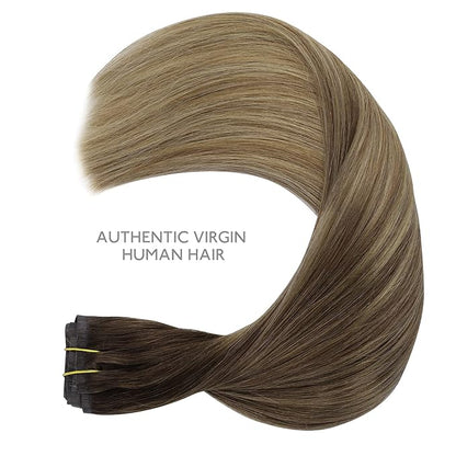 WENNALIFE Seamless Clip In Hair Extensions, 16 Inch 7pcs 130g Ombre Walnut Brown to Ash Brown and Bleach Blonde, Invisible PU Weft Natural Real Human Hair Extensions