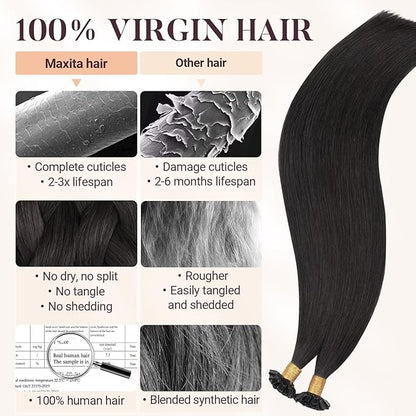 MAXITA U Tip Hair Extensions Human Hair, Natural Black Hair Extensions Real Human Hair, 50g/50 Strands/Pack, 22 In Virgin Human Hair