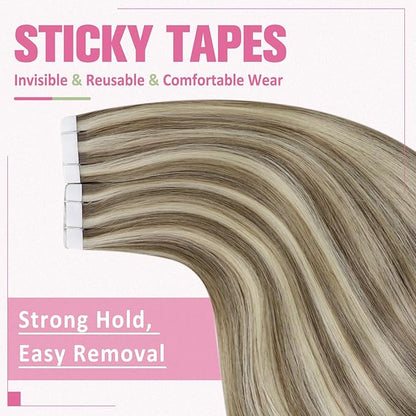 YoungSee Tape in Extensions Human Hair Highlight Brown Tape Hair Extensions Real Human Hair Light Brown Highlight Blonde Tapein Hair Extensions Real Human Hair Remy Silky Straight 16 Inch 20pcs 50g