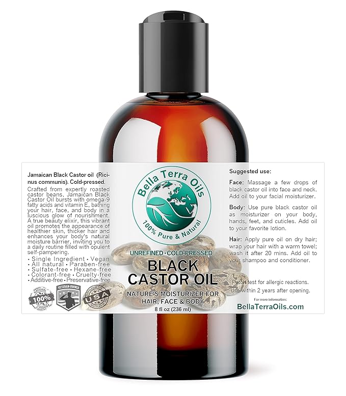 Bella Terra Oils - Black Castor Oil 8 oz - Dive into the Essence of Cold-Pressed Nourishment, Abundant in Essential Vitamins