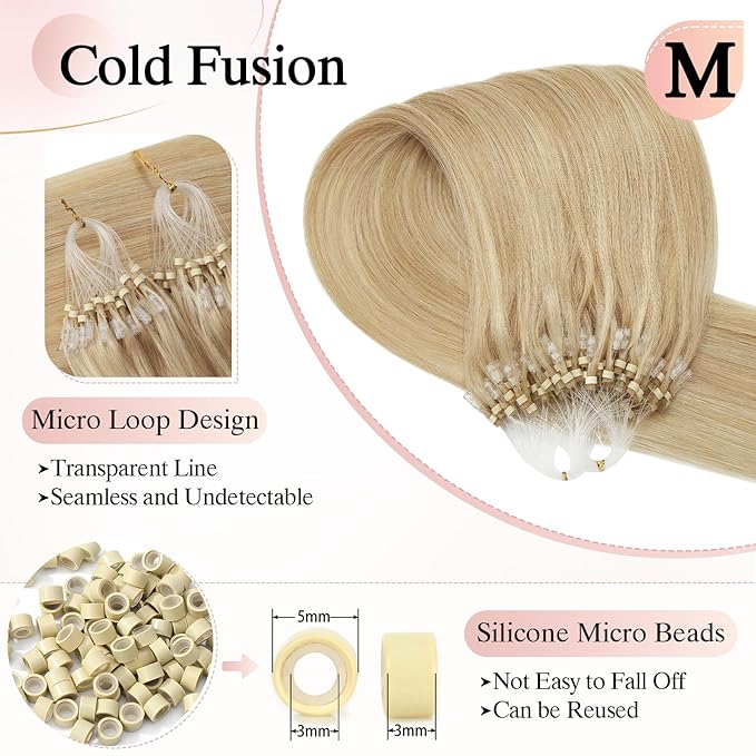Micro Link Hair Extensions Human Hair Micro Bead Extensions Micro Loop Micro Ring Human Hair Extensions for Women Silky Straight Natural 50g/100 Stands 16" Ash Blonde Mix Bleach Blonde