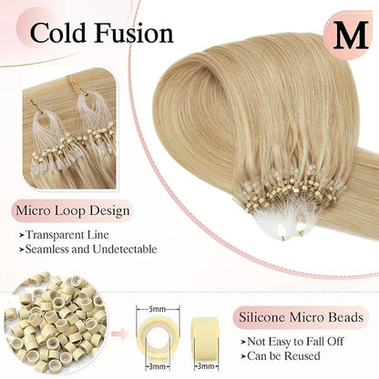 Micro Link Hair Extensions Human Hair Micro Bead Extensions Micro Loop Micro Ring Human Hair Extensions for Women Silky Straight Natural 50g/100 Stands 16" Ash Blonde Mix Bleach Blonde