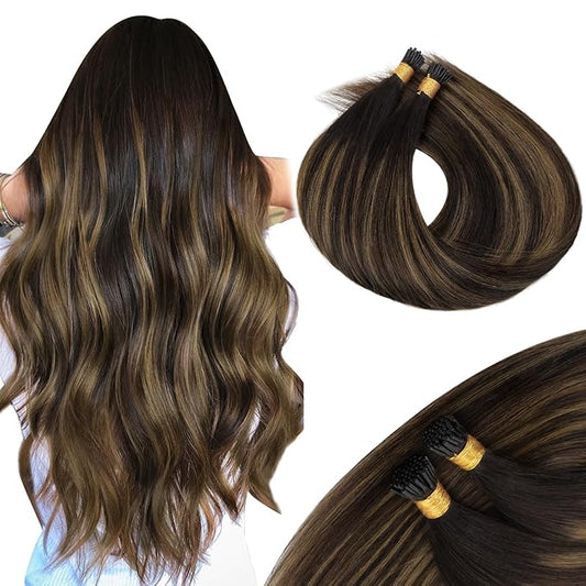 MAXITA I Tip Hair Extensions Human Hair, Balayage Chocolate Brown to Caramel Blonde 100g/50s 22 Inch, Comfortable Wear, 100% Remy Real Human Hair Itip Keratin Hair Extensions
