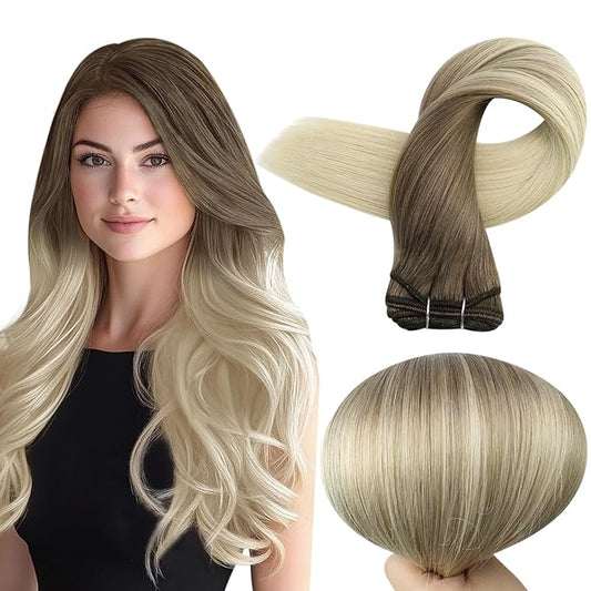 Full Shine Human Hair Weft Extensions Sew In Hair Extensions Real Human Hair Remy Weft Extensions Soft Hair For Women 14 Inch Balayage Brown To Platinum Blonde Hair Bundles 100G