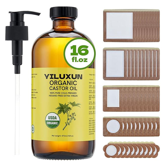 50Pcs Castor Oil Pack Wrap with 16oz castor oil Organic Cold Pressed Unrefined Glass Bottle,Disposable Castor Oil Patches for Belly Button,Stomach,Knee,Feet,Entire Body