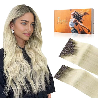 DOORES Clip in Extensions Human Hair, Light Ash Brown to Ash Blonde 18 Inch 150g 9pcs, Clip-in Hair Extensions Real Human Hair Natural Remy Straight Thick Hair Extensions