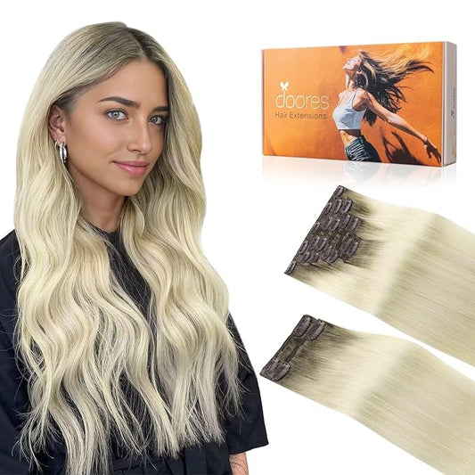 DOORES Clip in Extensions Human Hair, Light Ash Brown to Ash Blonde 18 Inch 150g 9pcs, Clip-in Hair Extensions Real Human Hair Natural Remy Straight Thick Hair Extensions