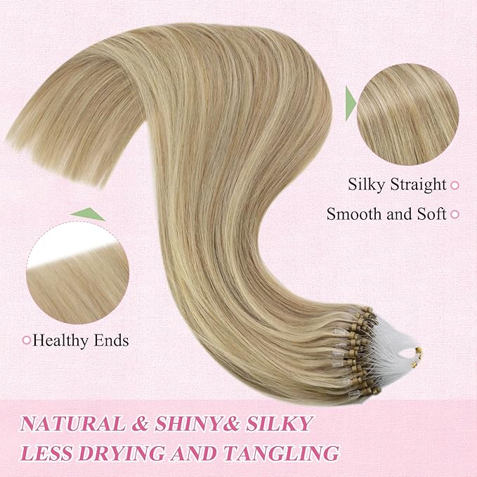 YoungSee Microlink Hair Extensions Human Hair Golden Blonde Mix Blonde Highlight Micro Bead Hair Extensions Real Human Hair for Women 22In 50g 50s Bead Hair Extension Long Lasting Hair Extension