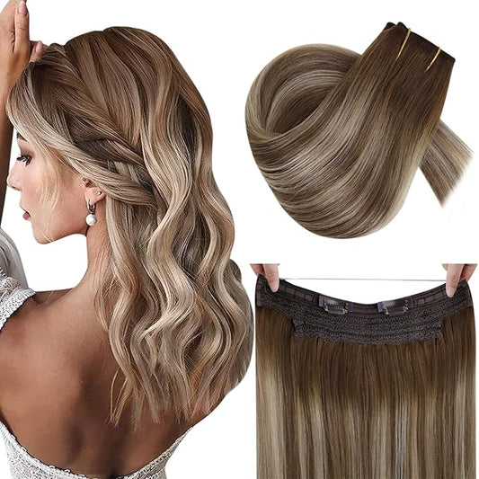 RUNATURE Invisible Wire Hair Extensions, 18 Inch Real Human Hair Wire Extensions, Fish Line Hair Extensions for Women, Remy Natural Hair, Add Hair Volume, 80g #3/8/22 Brown to Blonde