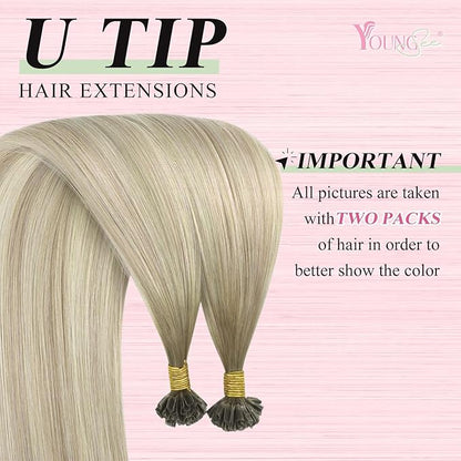 YoungSee U Tip Hair Extensions Human Hair Ash Blonde with Platinum Blonde Balayage Utip Real Hair Extensions for Women Keratin Hair Extensions Human Hair Balayage U Tips Hair Extensions 20In 1G/S 50G