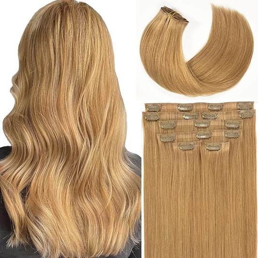 Lacer Hair 20 Inch Glam Seamless Hair Extensions Clip in Human Hair with Invisible Thin PU Skin Weft Remy Natural Hair Extensions #27 Caramel Blonde Full Head 7 Pieces 110 Grams with 16 Clips