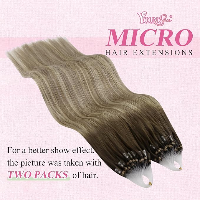 YoungSee Micro Beads Hair Extensions Balayage Micro Loop Hair Extensions Dark Brown Ombre Brown with Blonde Micro Hair Extensions 22In Bead Hair Extensions Soft and Shiny for Wedding 50s/50g