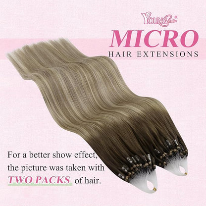 YoungSee Micro Hair Extensions Human Hair Balayage Microlink Hair Extensions Dark Brown Ombre Blonde with Brown Bead Hair Extensions Human Hair Silky Straight for School 18 Inch 1g/s 50g