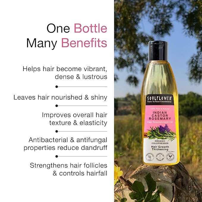 Soulflower Castor Rosemary Oil for Hair Growth, Hairfall Control, Strengthening Treatment, Volumizing For Dry, Damaged, Curly Hair, Enhance Thickness - 100% Pure, Organically Certified, 6.77 fl oz