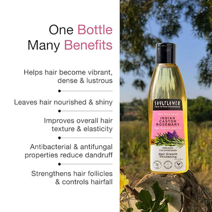 Soulflower Castor Rosemary Oil for Hair Growth, Hairfall Control, Strengthening Treatment, Volumizing For Dry, Damaged, Curly Hair, Enhance Thickness - 100% Pure, Organically Certified, 6.77 fl oz