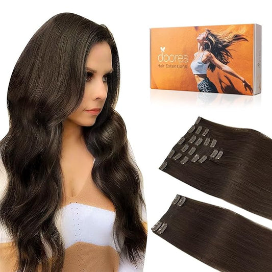DOORES Hair Extensions Real Human Hair, Light Dark Brown 18 Inch 150g 9pcs, Clip in Hair Extensions Real Human Hair Remy Hair Extensions Clip in Human Hair Thick Hair Extensions Natural hair