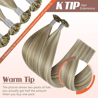 Sunny Hair K Tip Hair Extensions Real Human Hair 18inch Ktip Hair Extensions Human Hair Light Brown Highlights Blonde Keratin Extensions for Women 50g
