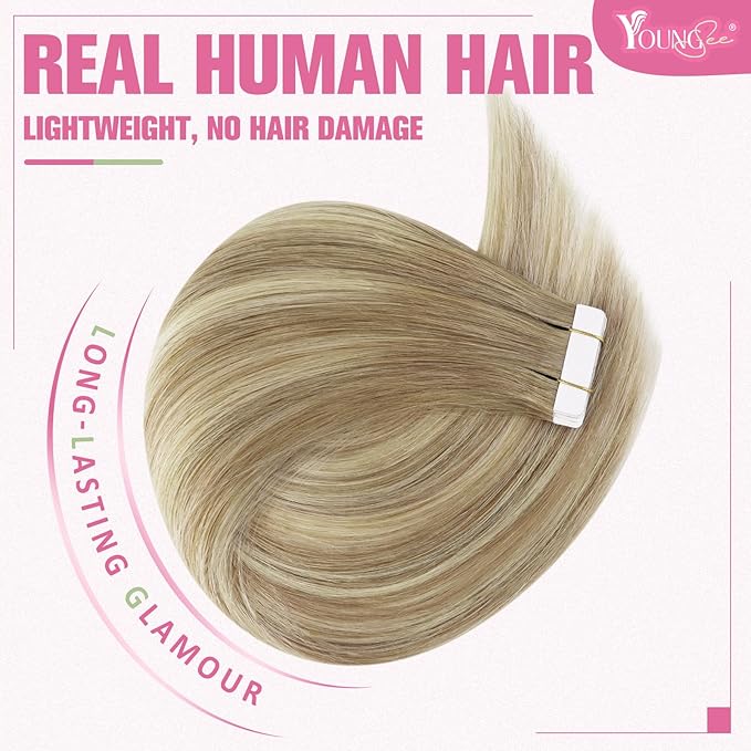 YoungSee Tape in Human Hair Extensions Balayage Tape ins Hair Extensions Ombre Golden Brown to Blonde Real Hair Tape in Extensions Human Hair 18 Inch 20pcs 50g Invisible Hair Extensions Human Hair