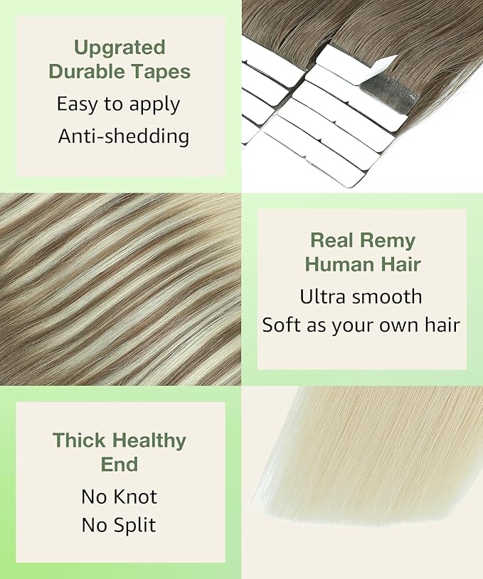 SURNEL Tape in Hair Extensions Human Hair Ombre Color 8 Ash Brown Fading to 60 Platinum Blonde Tape in Hair Extensions 14 inch Silky Remy Tape Hair 20pcs 50g(#8T60-14)