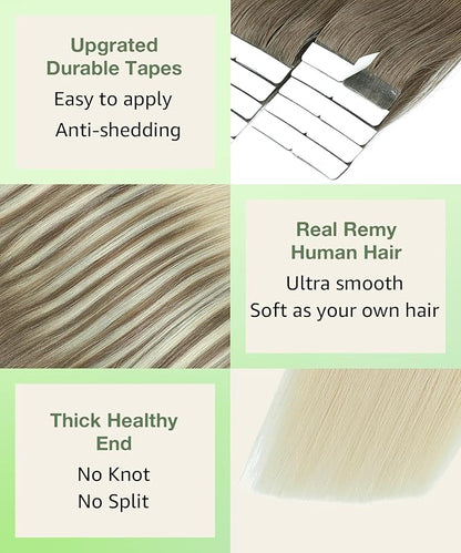 SURNEL Tape in Hair Extensions Human Hair Ombre Color 8 Ash Brown Fading to 60 Platinum Blonde Tape in Hair Extensions 14 inch Silky Remy Tape Hair 20pcs 50g(#8T60-14)