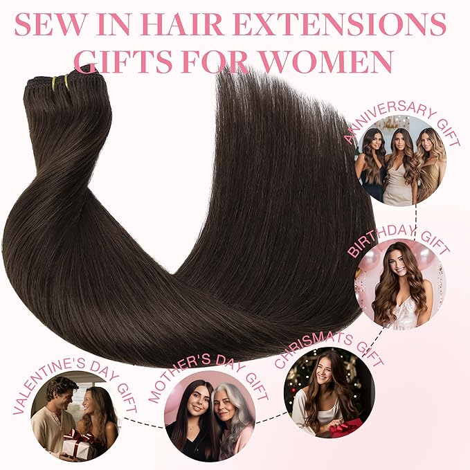 GOO GOO Sew in Hair Extensions Real Human Hair, Weft Hair Extensions Human Hair, 2A Light Brown 20inch 105g, Weft Bundles Straight Silky Remy Hair